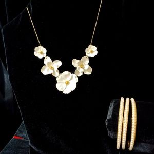 White Flower Necklace + 3 Faux Pearl and Goldtone Bangles